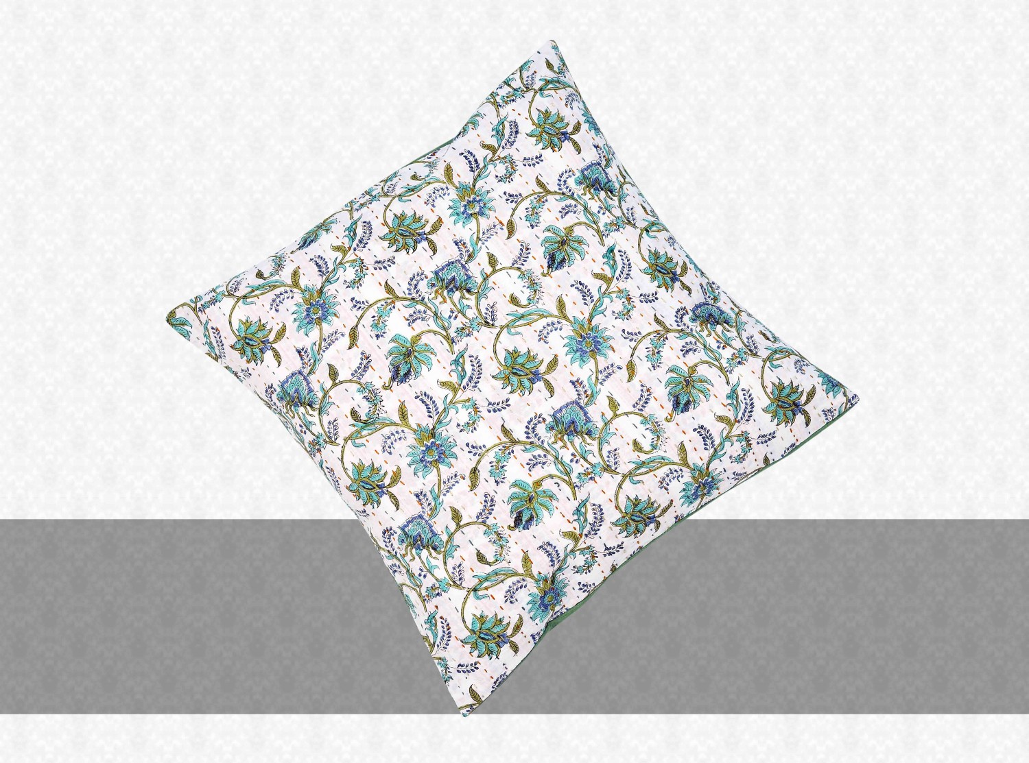 Flower Print With Kantha work Cushion Cover
