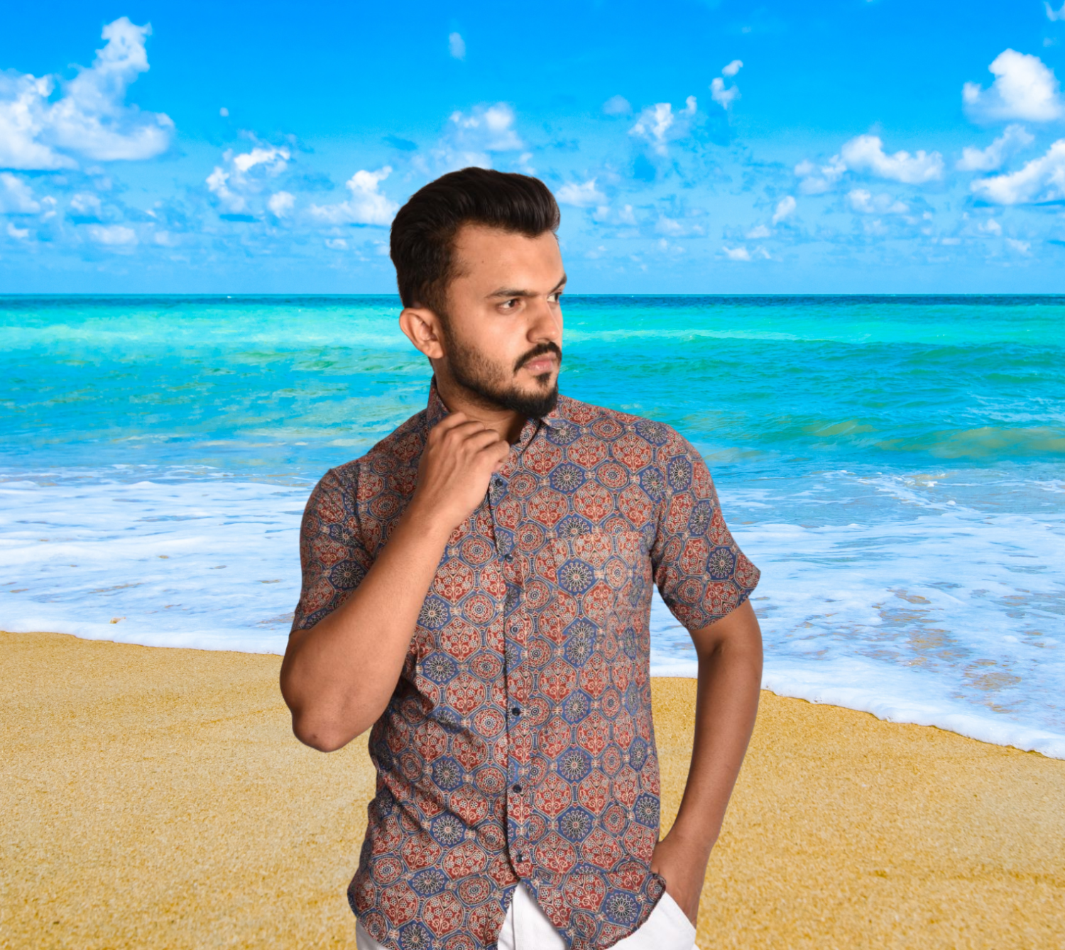 Ajrakh Printed Half Shirt for Men, Stylish Men Shirt, Cotton Shirt Men